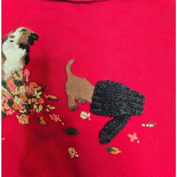 VINTAGE 90s red Talbots dog felted‎ fall leaves button up holiday cardigan S/M - Picture 10 of 12
